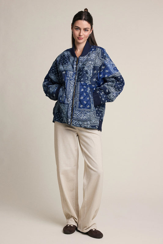 Paisley Bandana Print Quilted Bomber Jacket