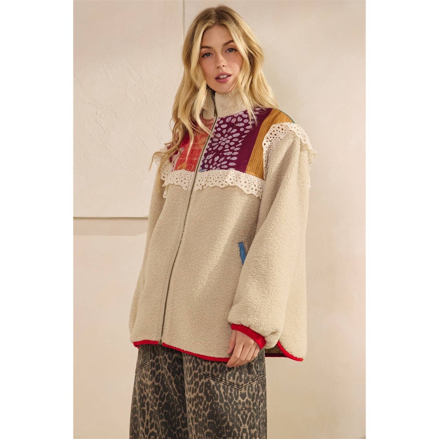 Contrast Printed Teddy Jacket