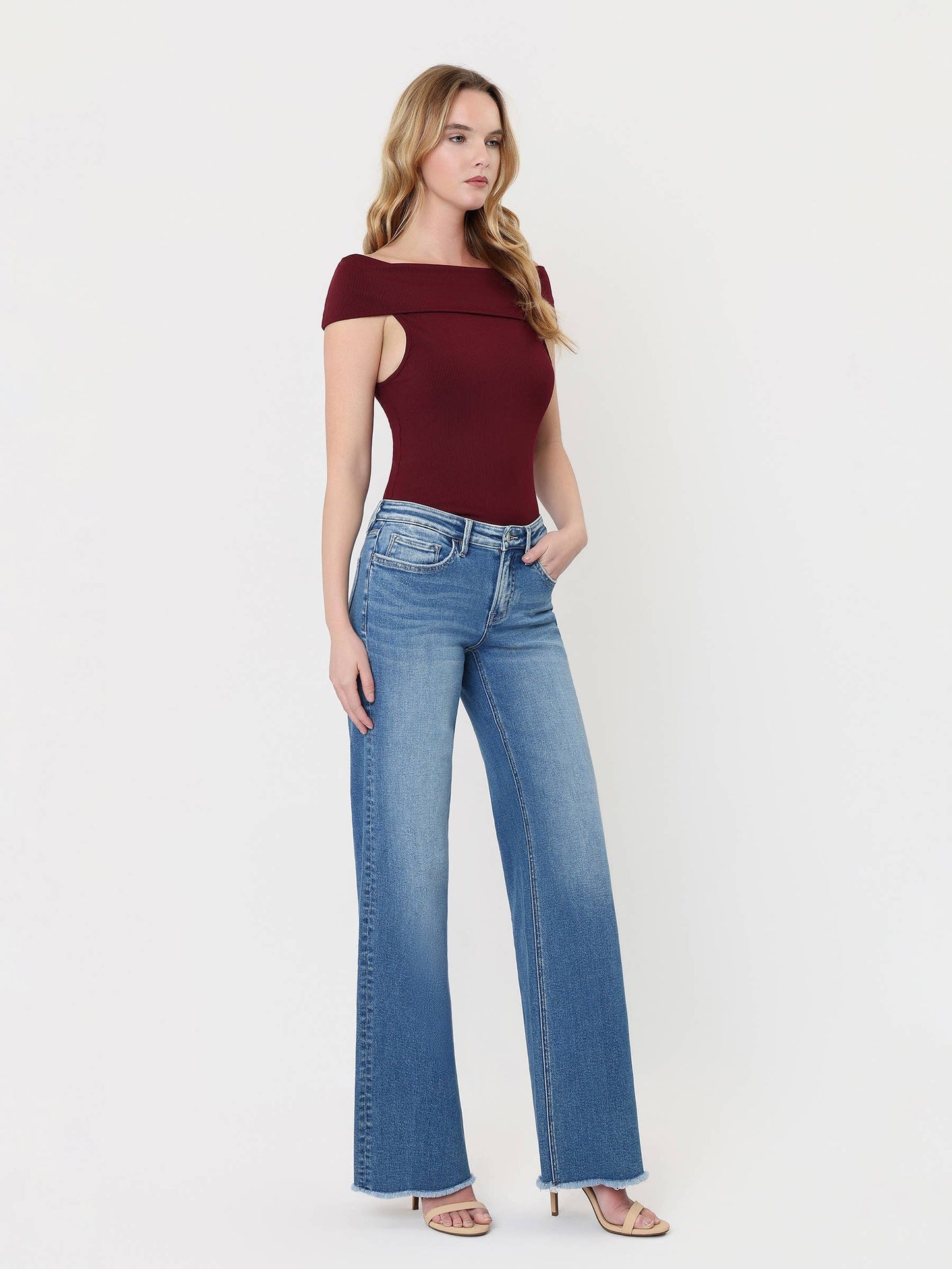 Brassica Mid Rise Raw Hem Medium Wash Jeans