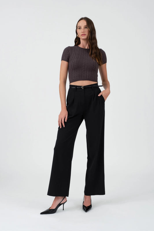 Short Sleeve Cable Knit Crop Top