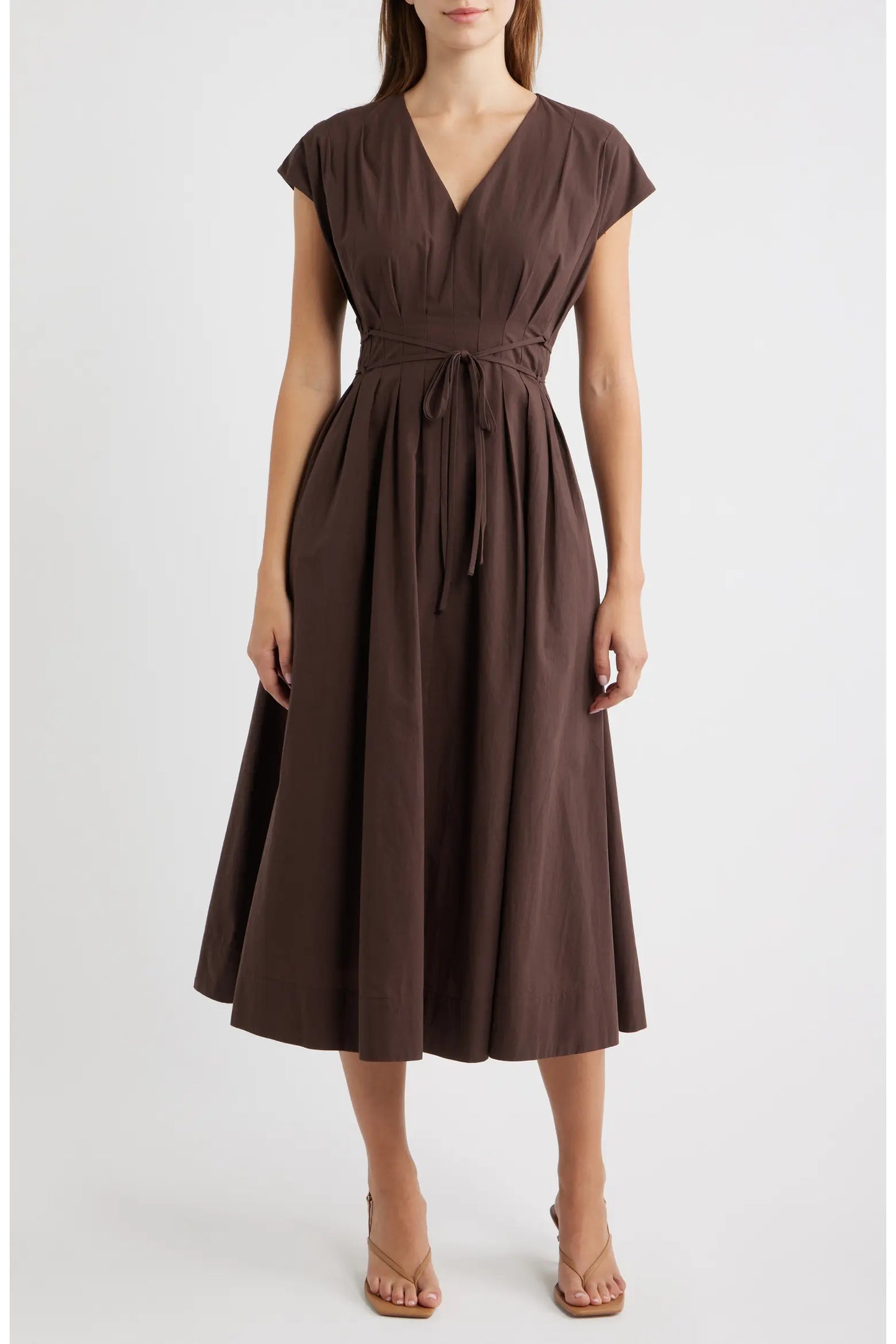 Pleated V-Neck Midi Dress