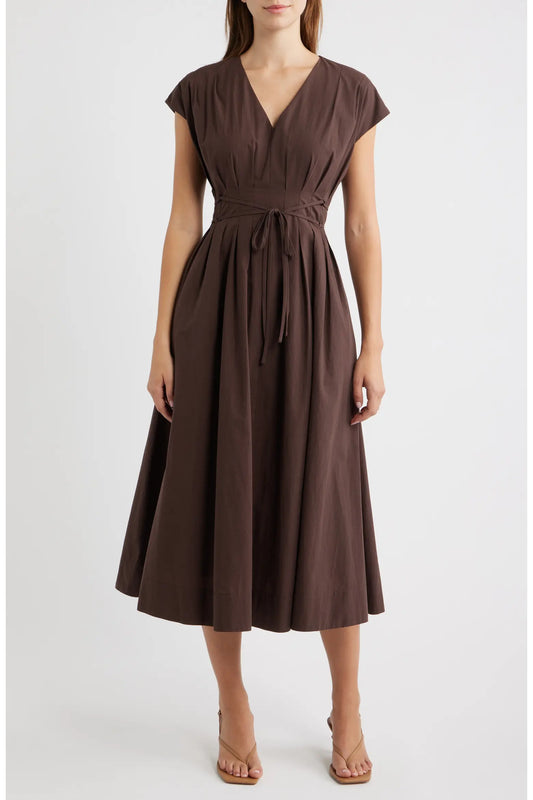 Pleated V-Neck Midi Dress