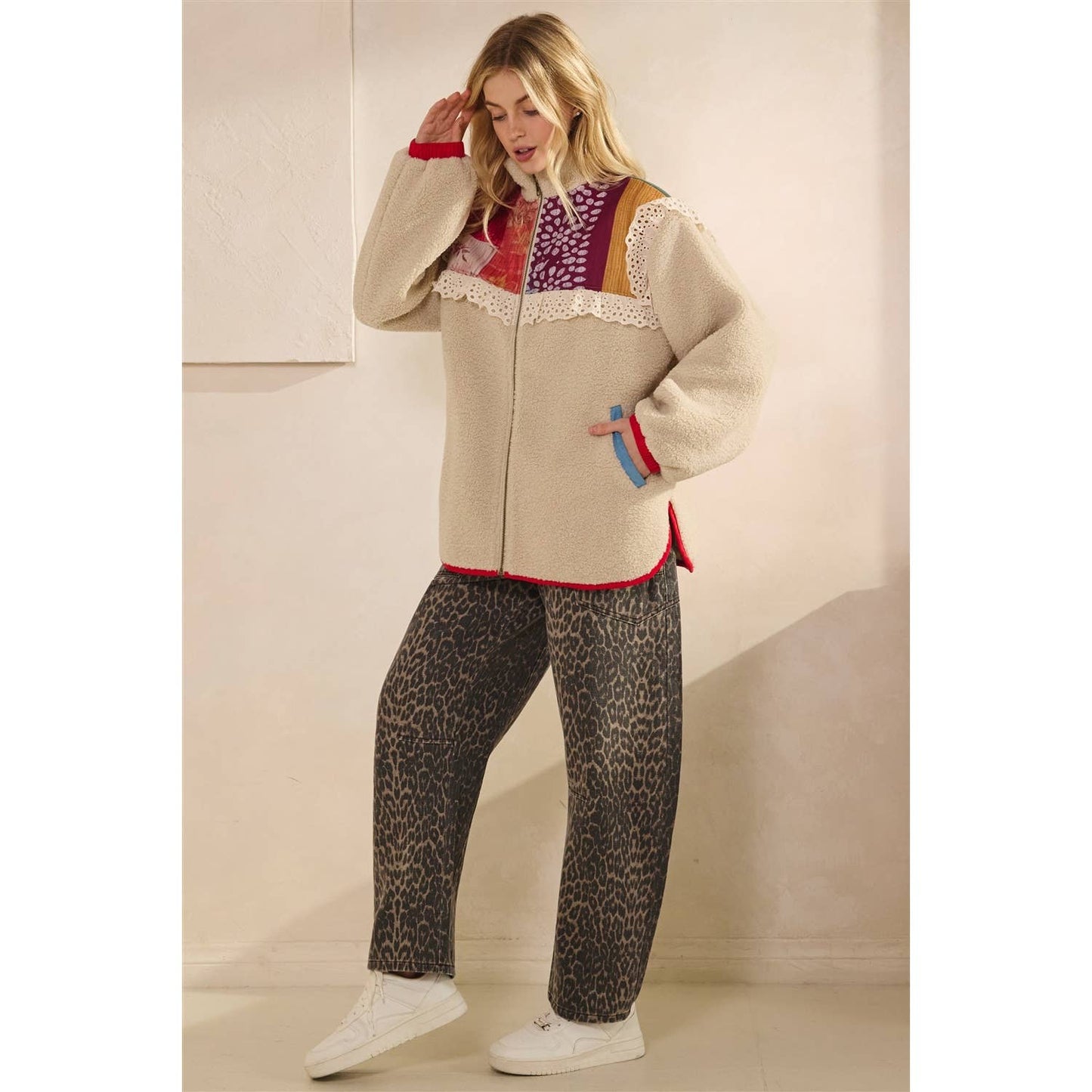 Contrast Printed Teddy Jacket