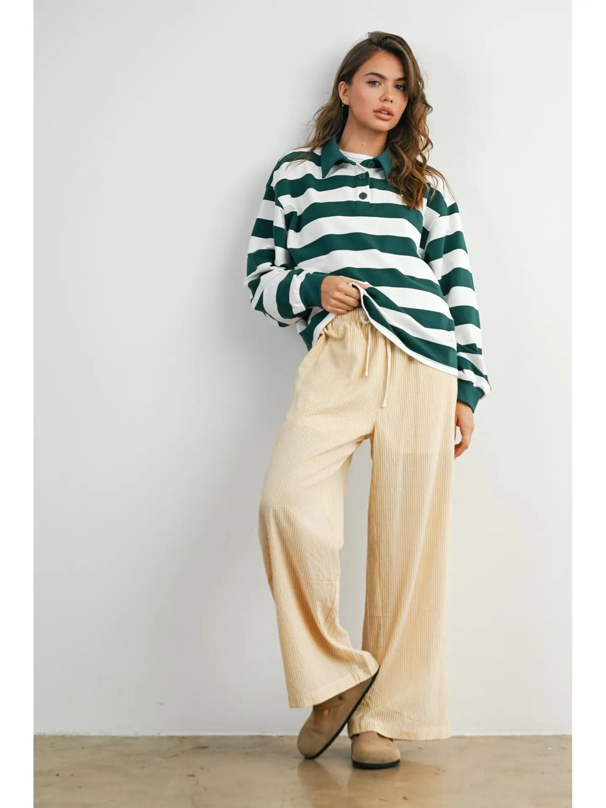 Striped Quarter-Buttoned Collared Sweatshirt